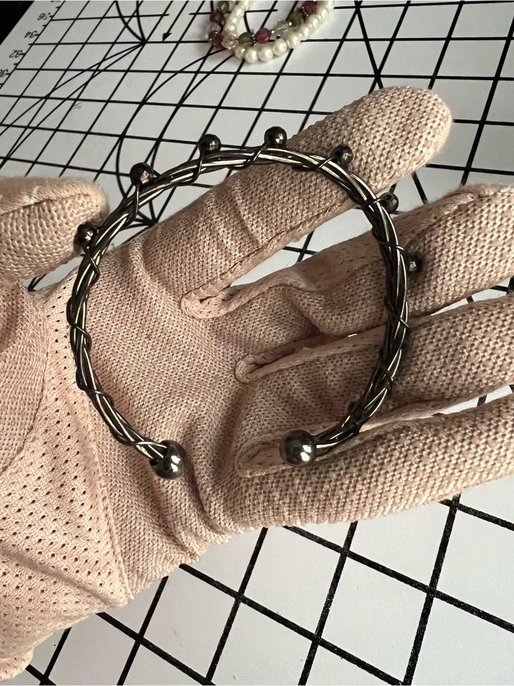Vintage Gunmetal Twisted Wire Vine Cuff Bracelet Beaded Statement